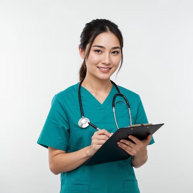 Smiling nurse in scrubs holding clipboard and stethoscope _ Premium AI-generated image.jpg